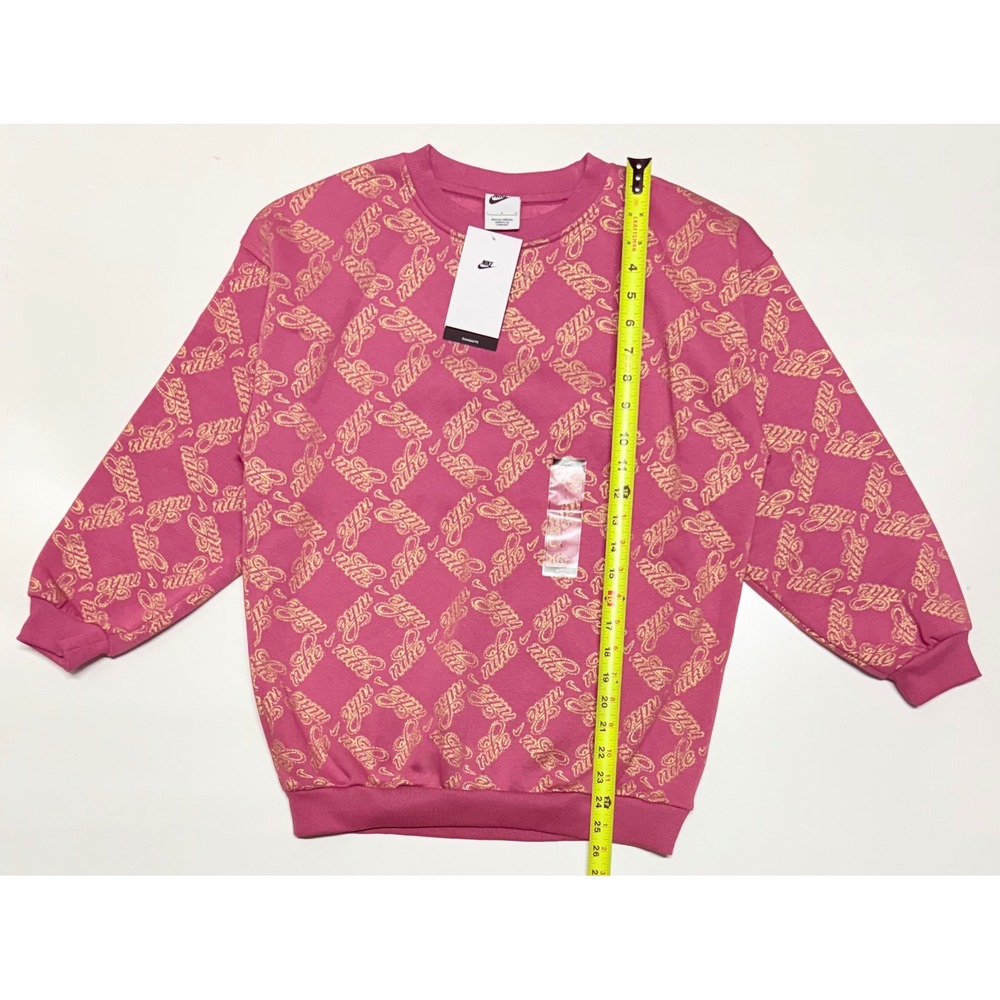 Nike Kids Oversized Fleece Crewneck Sweatshirt Pink Gold Script Logo HV0430-634